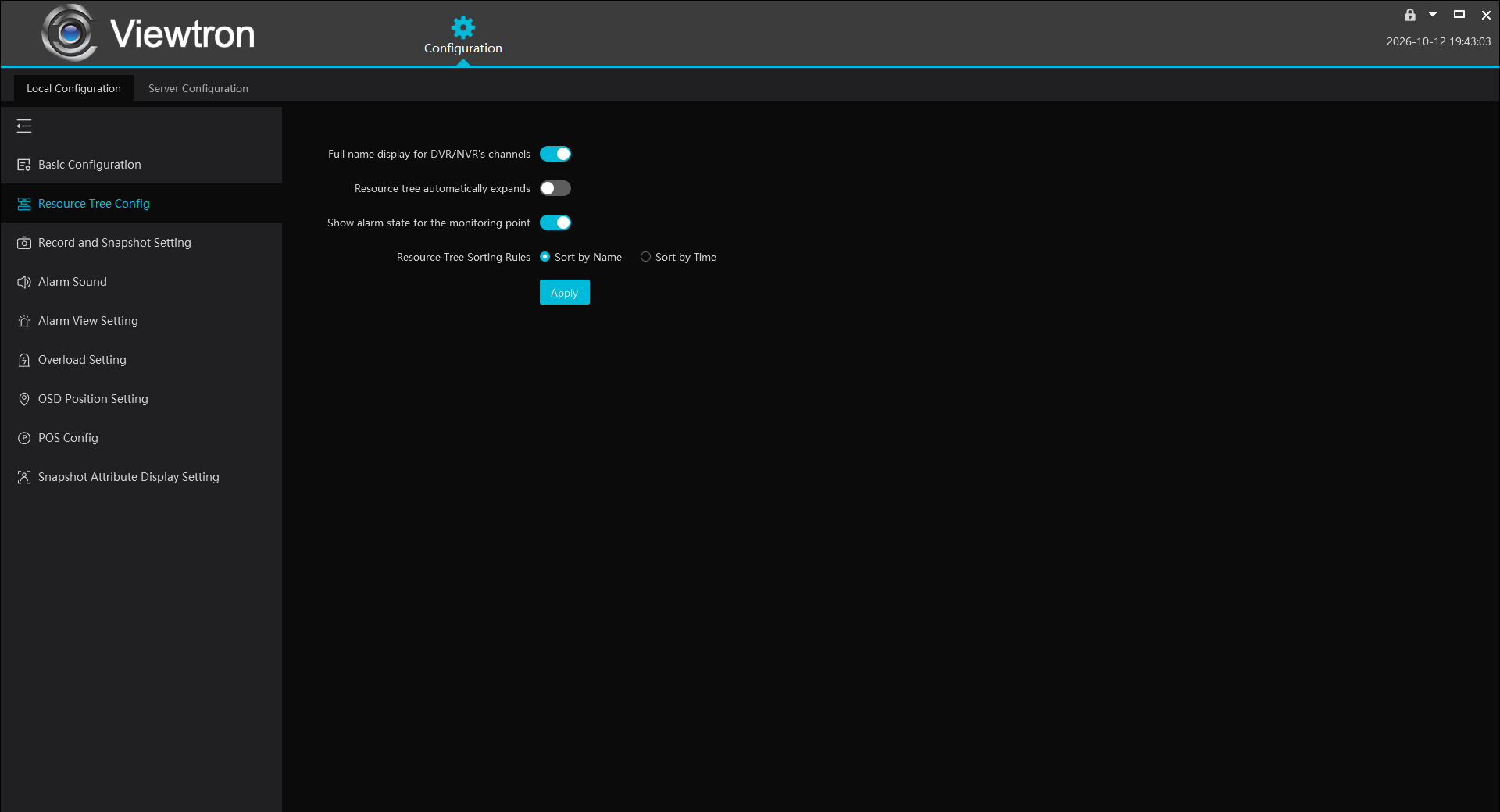 Viewtron VMS Local Configuration Resource Tree Config with Show alarm state for the monitoring point turned on