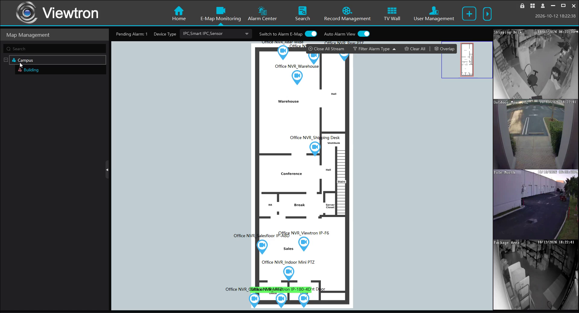 Viewtron VMS E-Map with only the IP-180-4D camera label green during an alarm and the other camera labels gray
