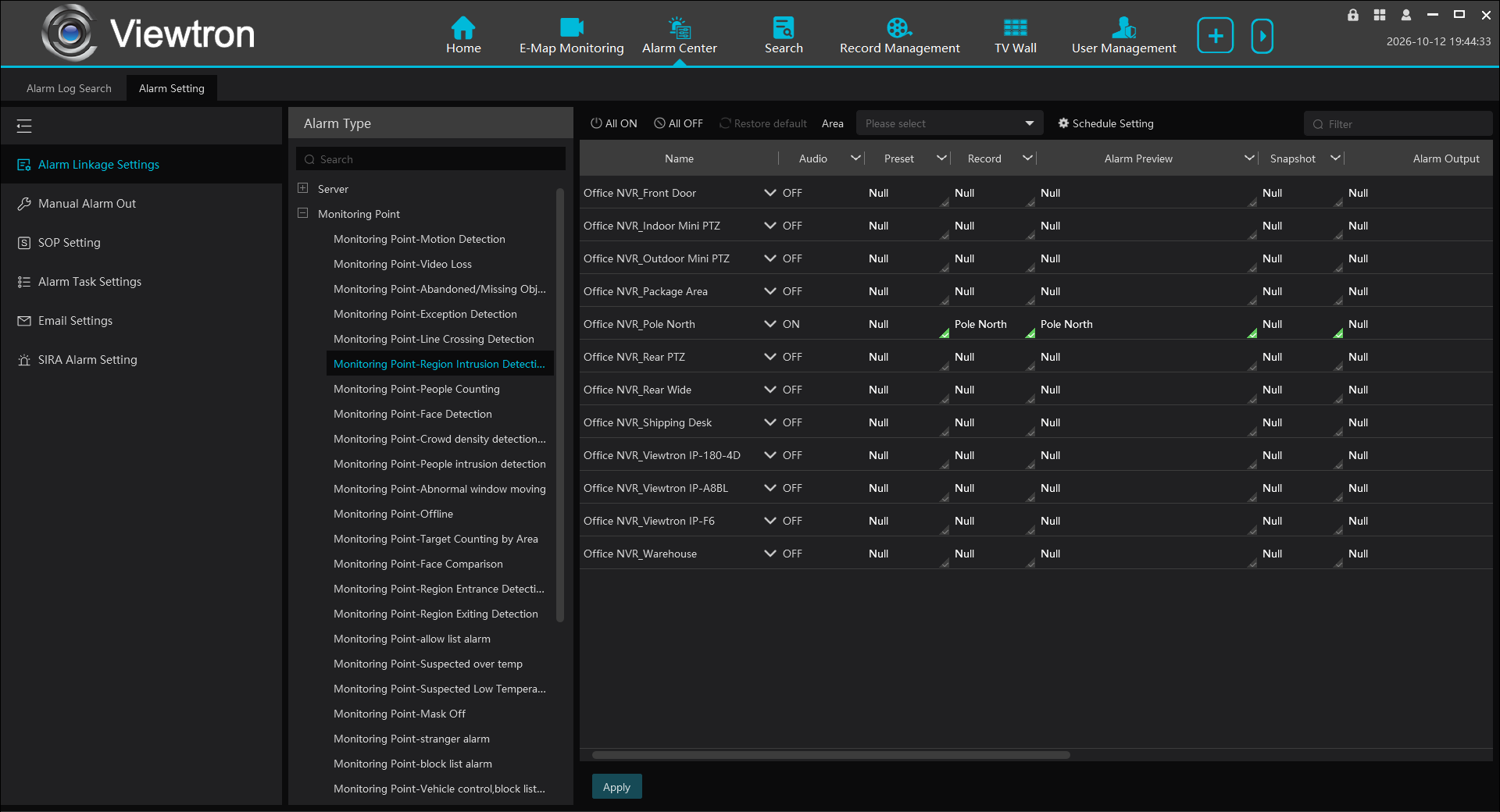 Viewtron VMS Alarm Linkage Settings with Record and Alarm Preview set for one camera on a Region Intrusion Detection alarm