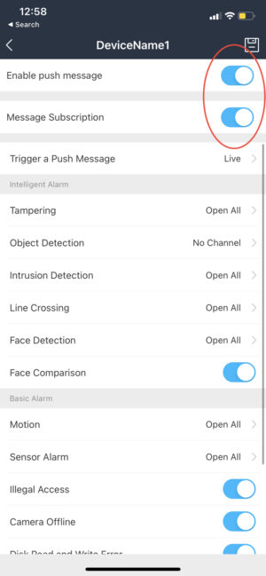 SuperLive Plus push settings with Enable push message and Message Subscription turned on
