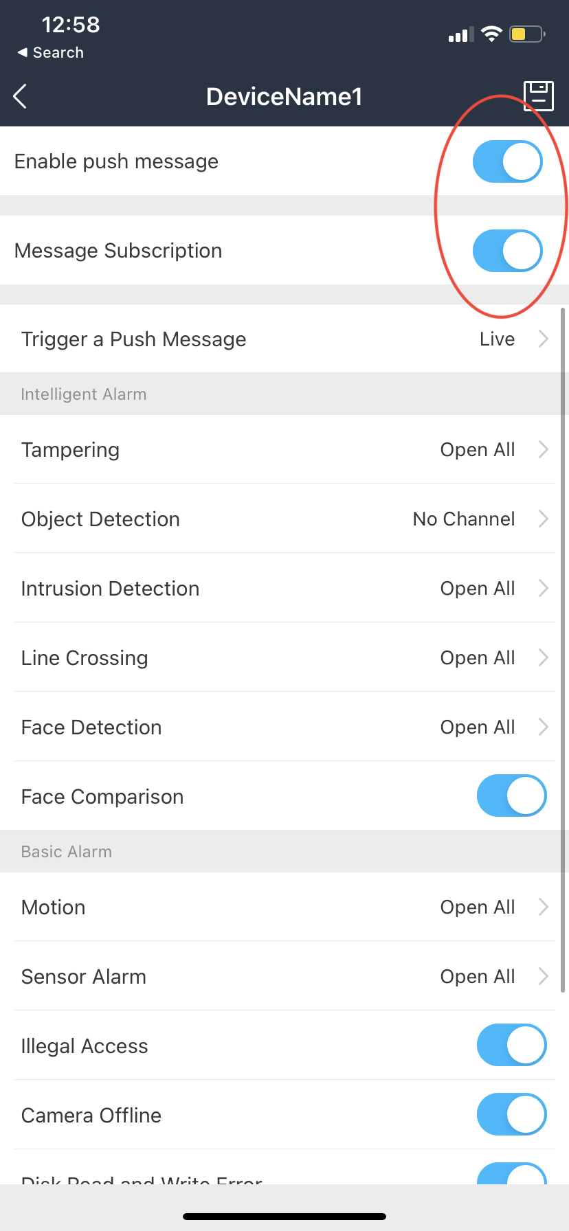 SuperLive Plus push settings with Enable push message and Message Subscription turned on