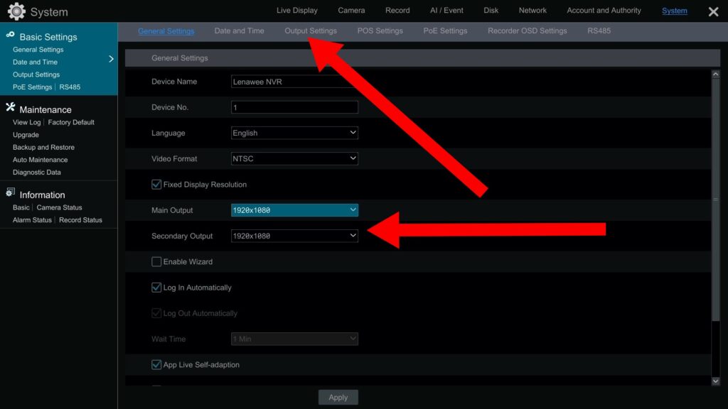 DVR HDMI monitor output settings
