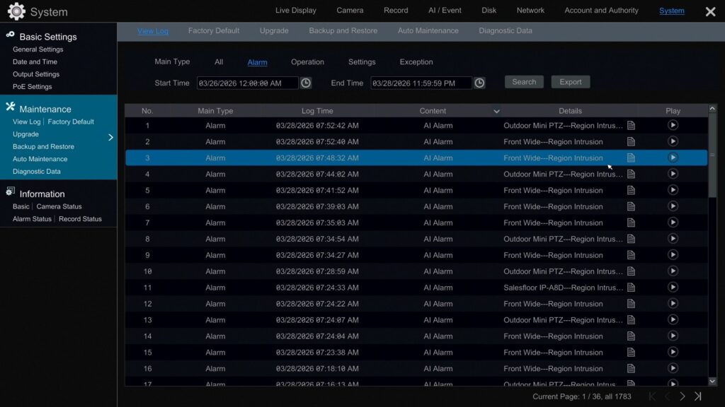 DVR NVR System Log Screen