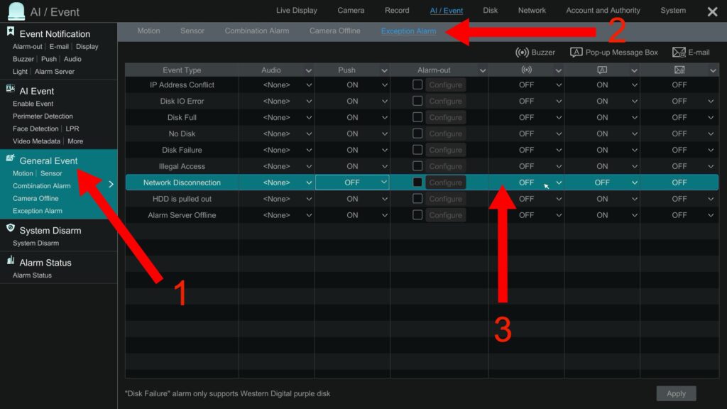 DVR disable network disconnect alarm