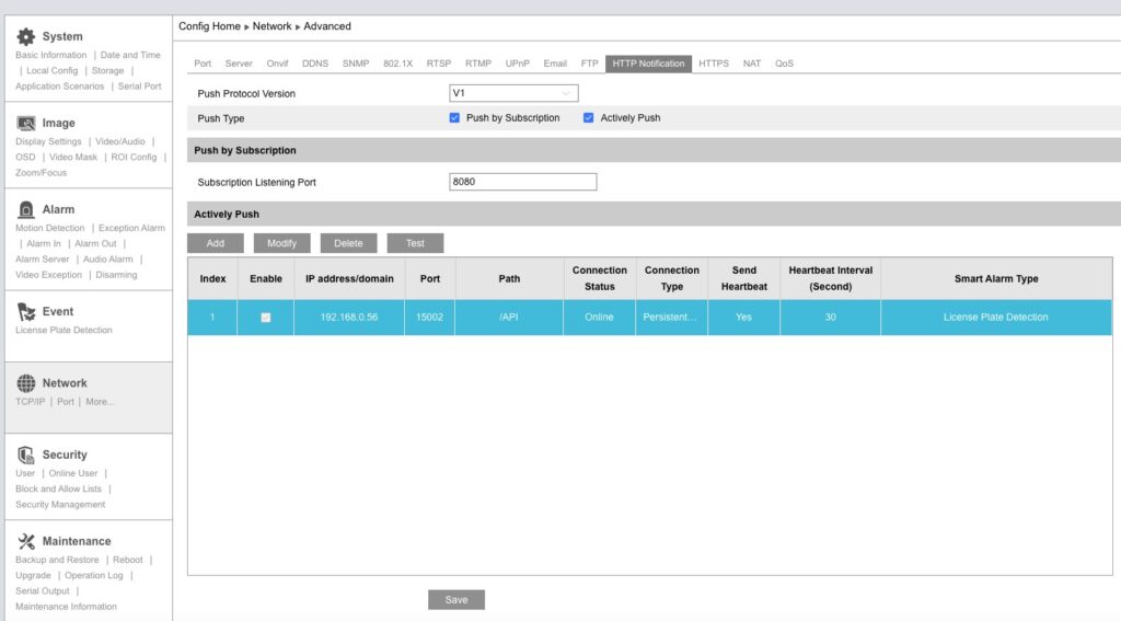 IP camera HTTP Post Settings