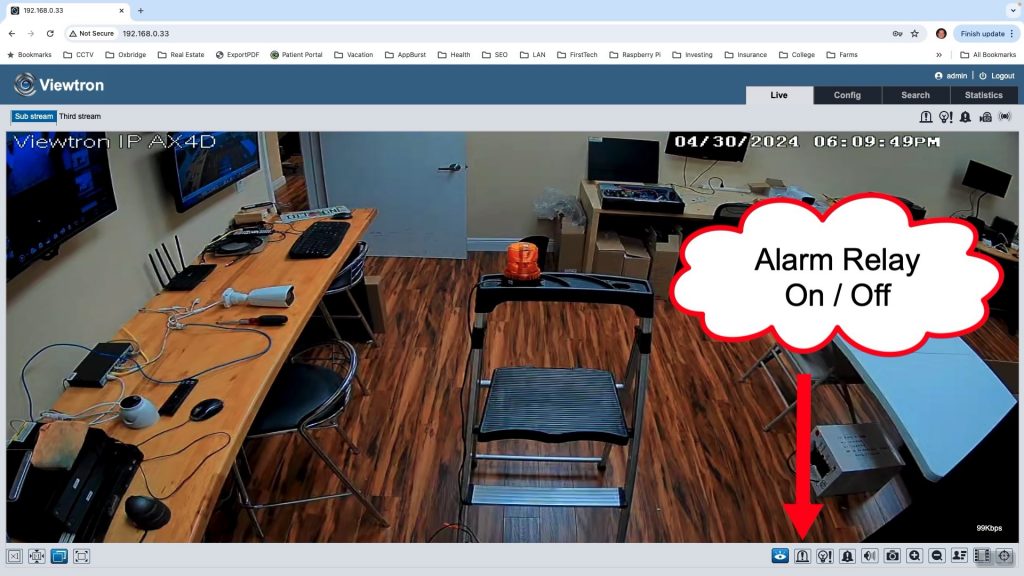 IP camera web browser interface to control alarm relay