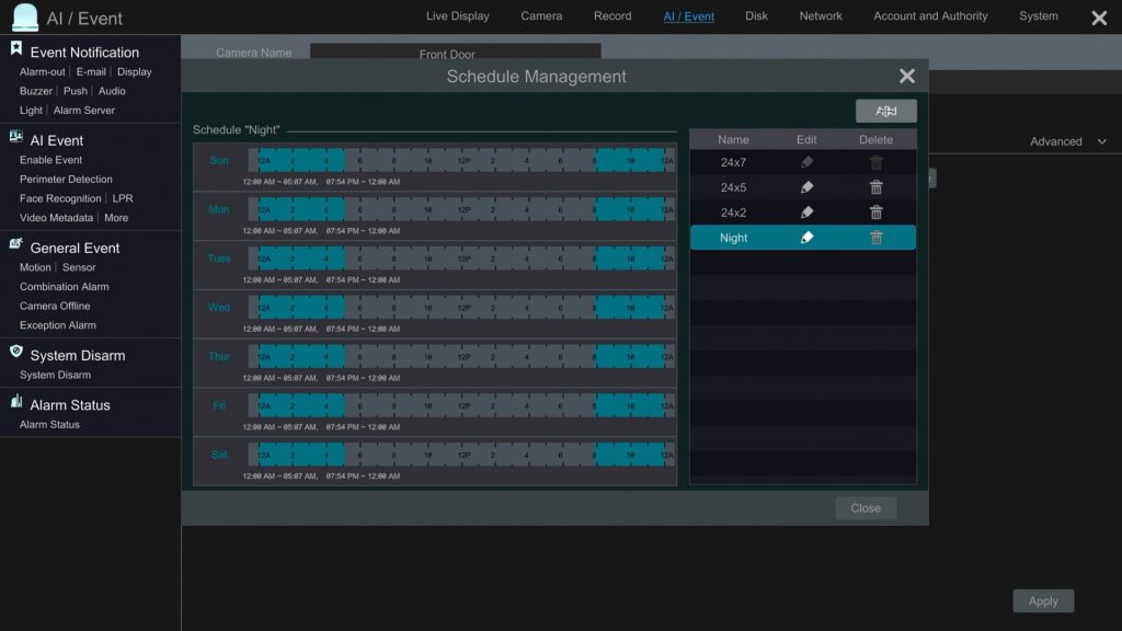 NVR add custom alarm schedule