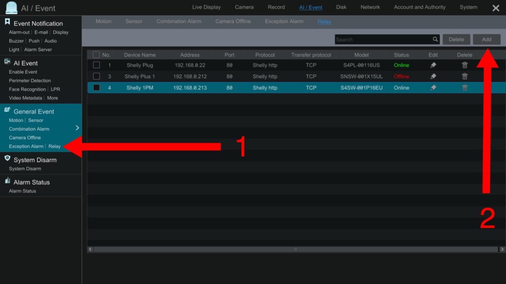 IP Camera NVR alarm relay add