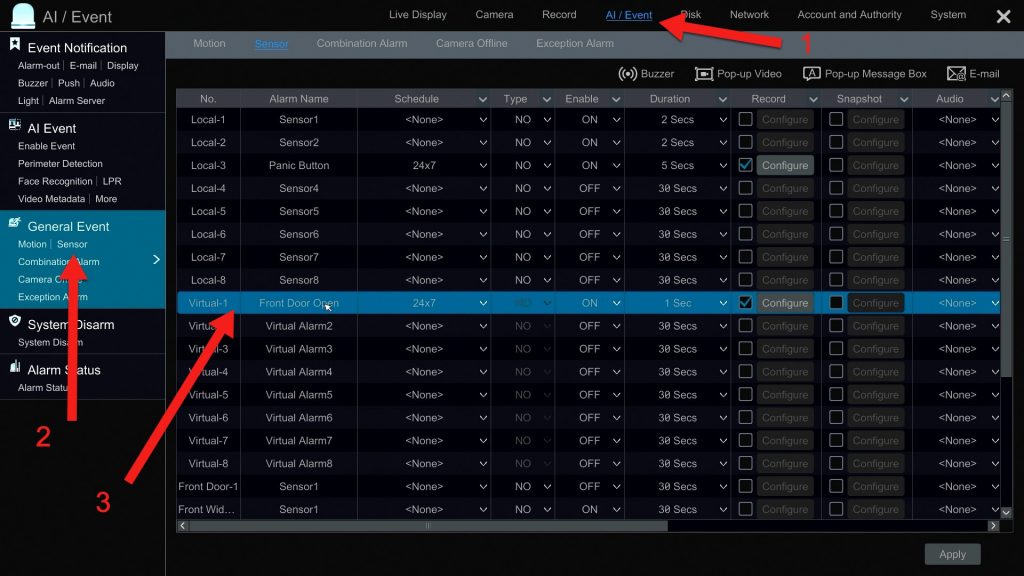 NVR virtual alarm setup