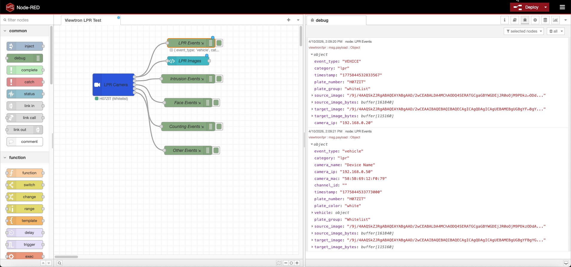 Viewtron AI Camera node in Node-RED with live LPR events