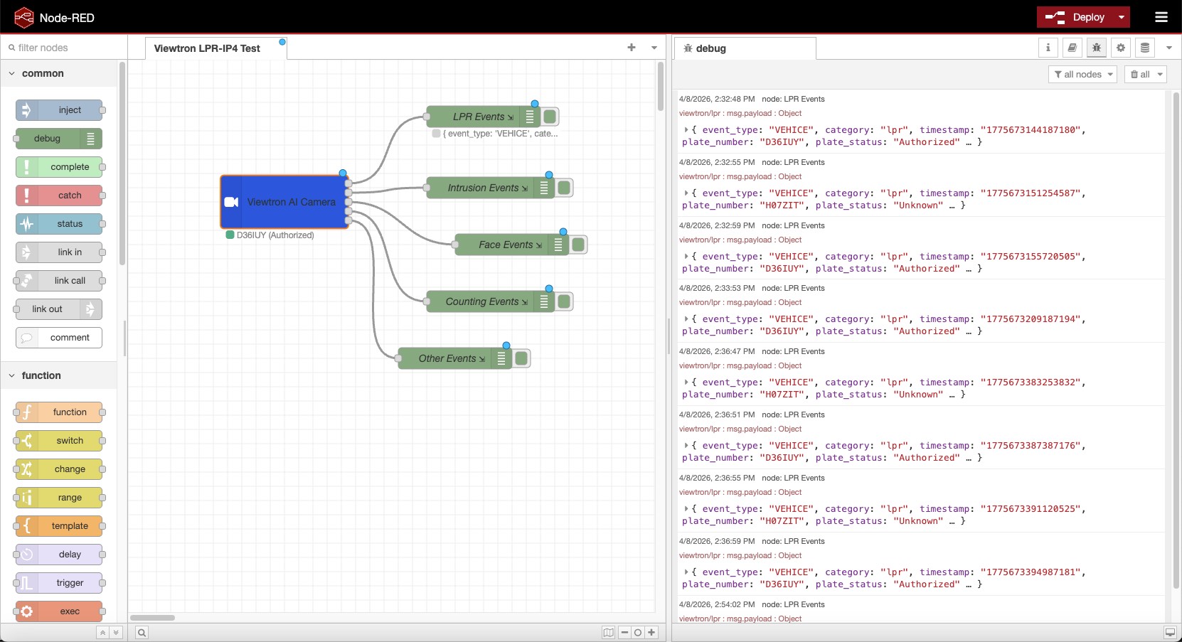 Viewtron AI Camera node in Node-RED with live LPR events