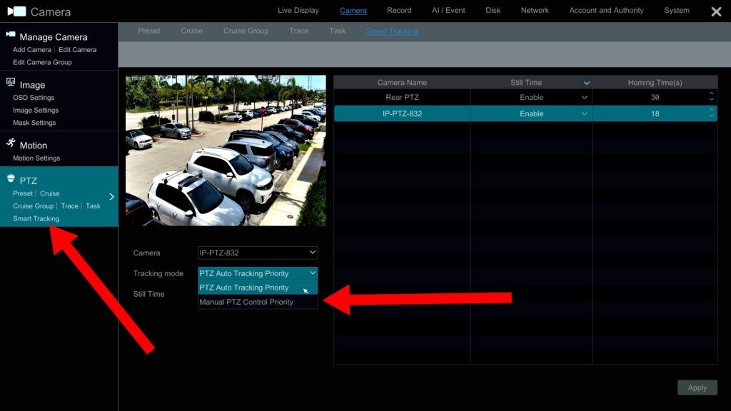 Switch between PTZ auto-tracking and manual PTZ control modes