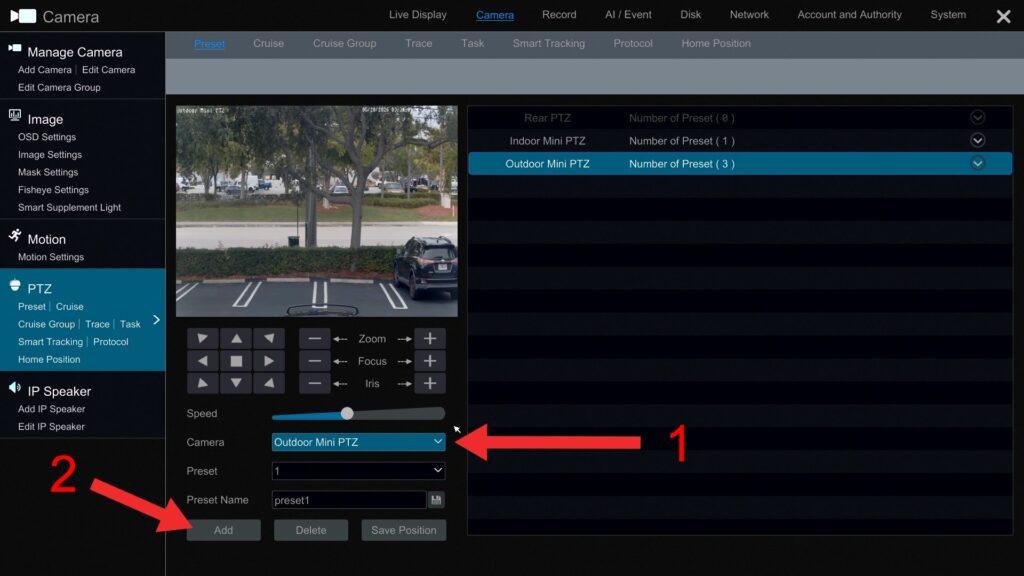 PTZ camera preset setup
