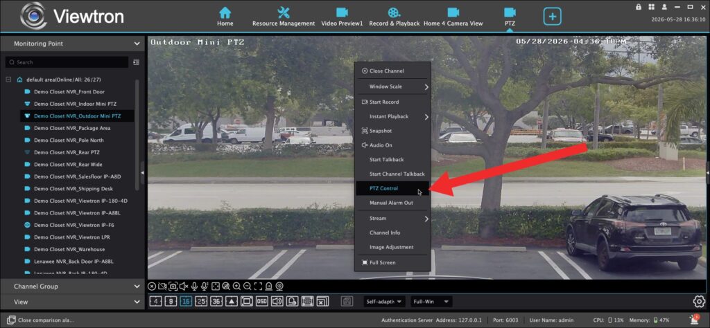PTZ controls VMS software
