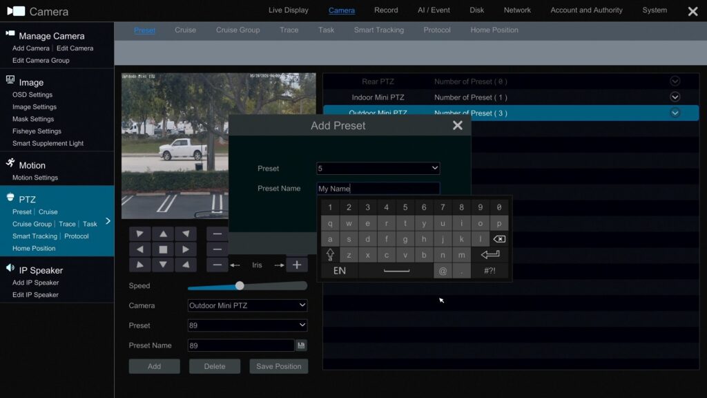 PTZ camera preset name
