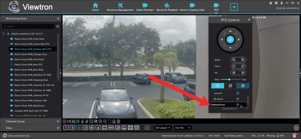 VMS Software PTZ camera controls