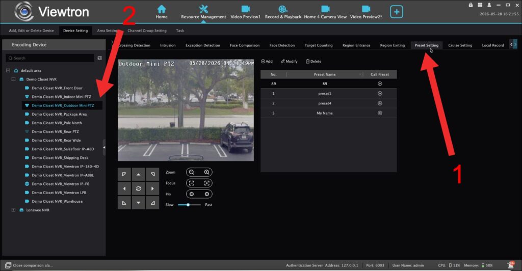 VMS software PTZ preset settings