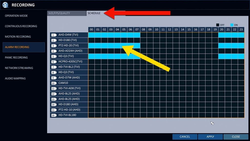 alarm sensor recording schedule