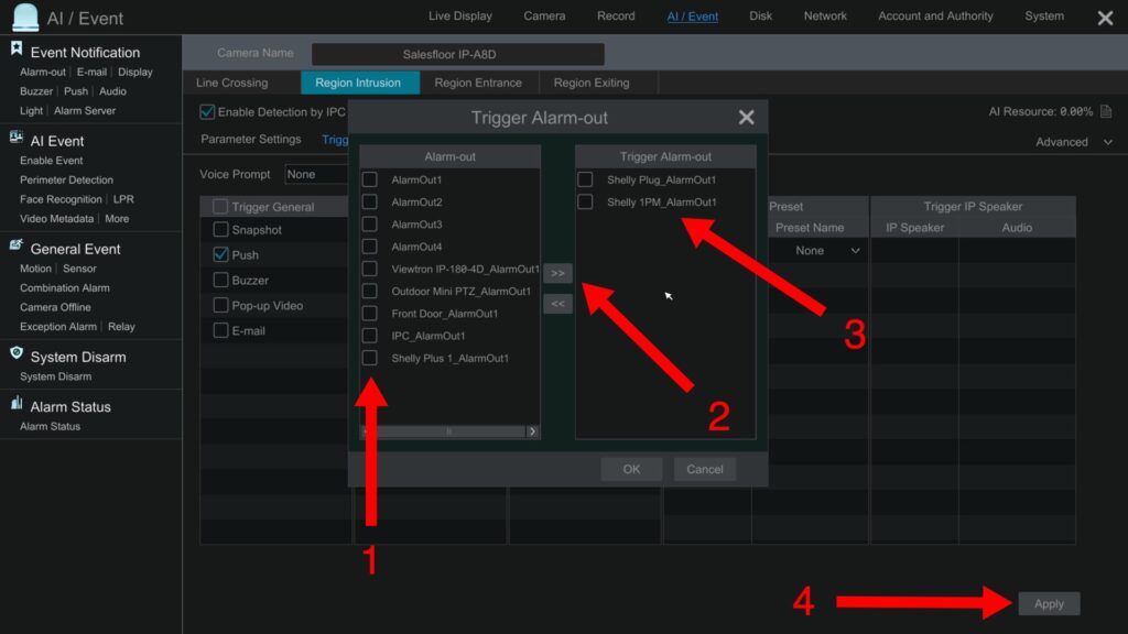 IP camera alarm enable Shelly smart relay