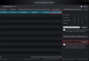 Viewtron IPTOOL Restore IPC Default Config field with OK highlighted