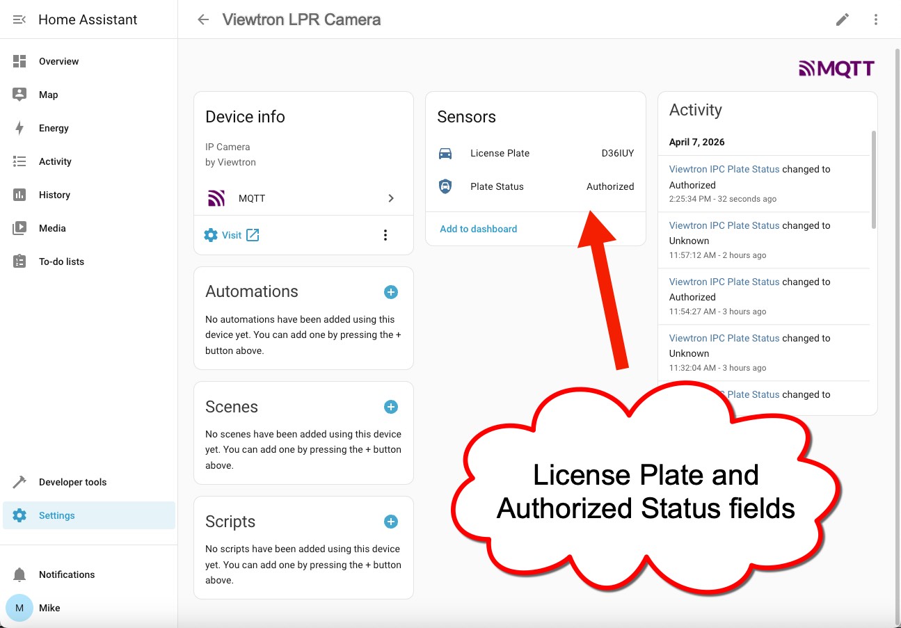 Viewtron LPR camera in Home Assistant