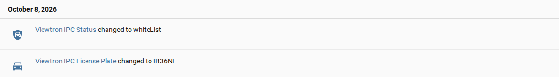 Home Assistant logbook showing Viewtron IPC Status changed to whiteList and Viewtron IPC License Plate changed to IB36NL