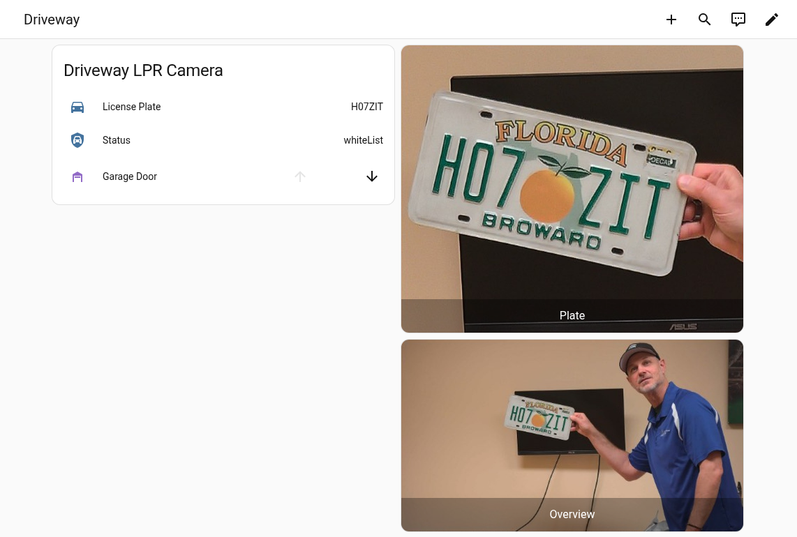 Home Assistant dashboard with the Viewtron LPR camera plate number, whiteList status, garage door and the plate image entity