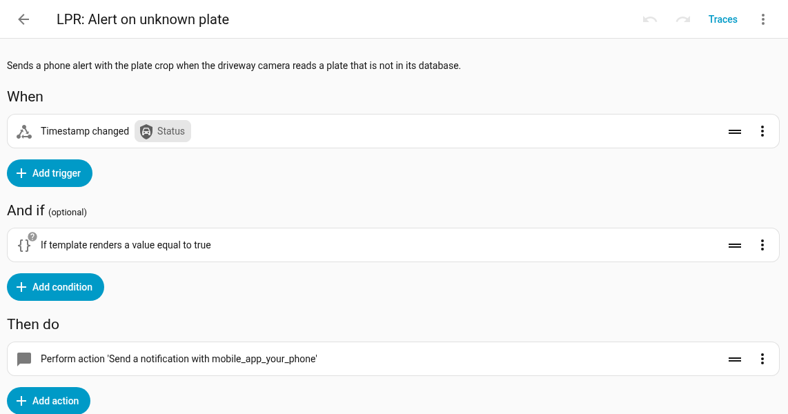 Home Assistant automation that sends a phone notification when the Viewtron LPR camera reads an unknown license plate