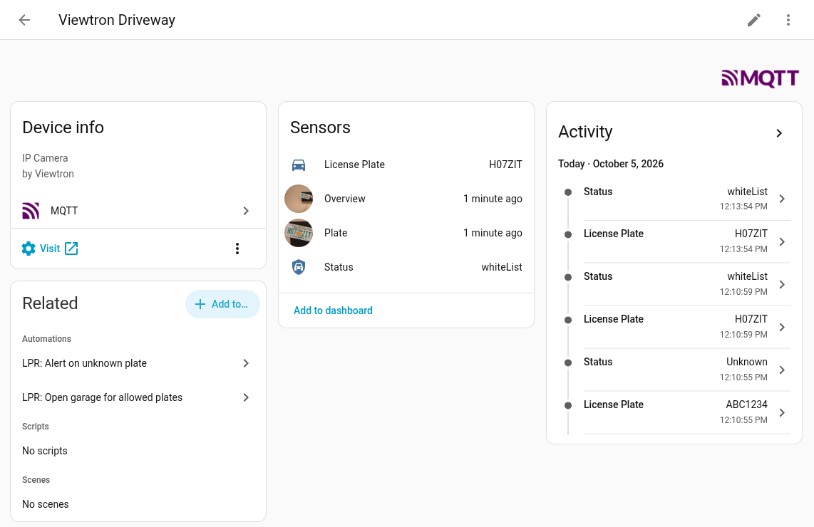 Home Assistant MQTT device page for a Viewtron LPR camera showing the License Plate, Status, Overview and Plate entities