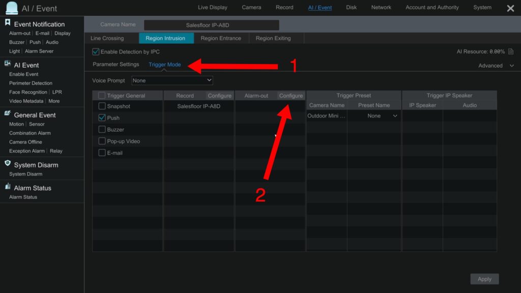AI software human detection alarm trigger setup