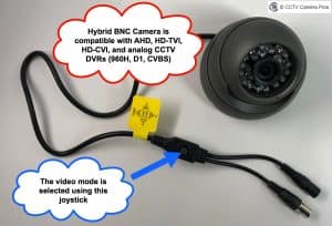 This hybrid CCTV camera is compatible with AHD, HD-TVI, HD-CVI, and analog CCTV DVRs (CVBS).