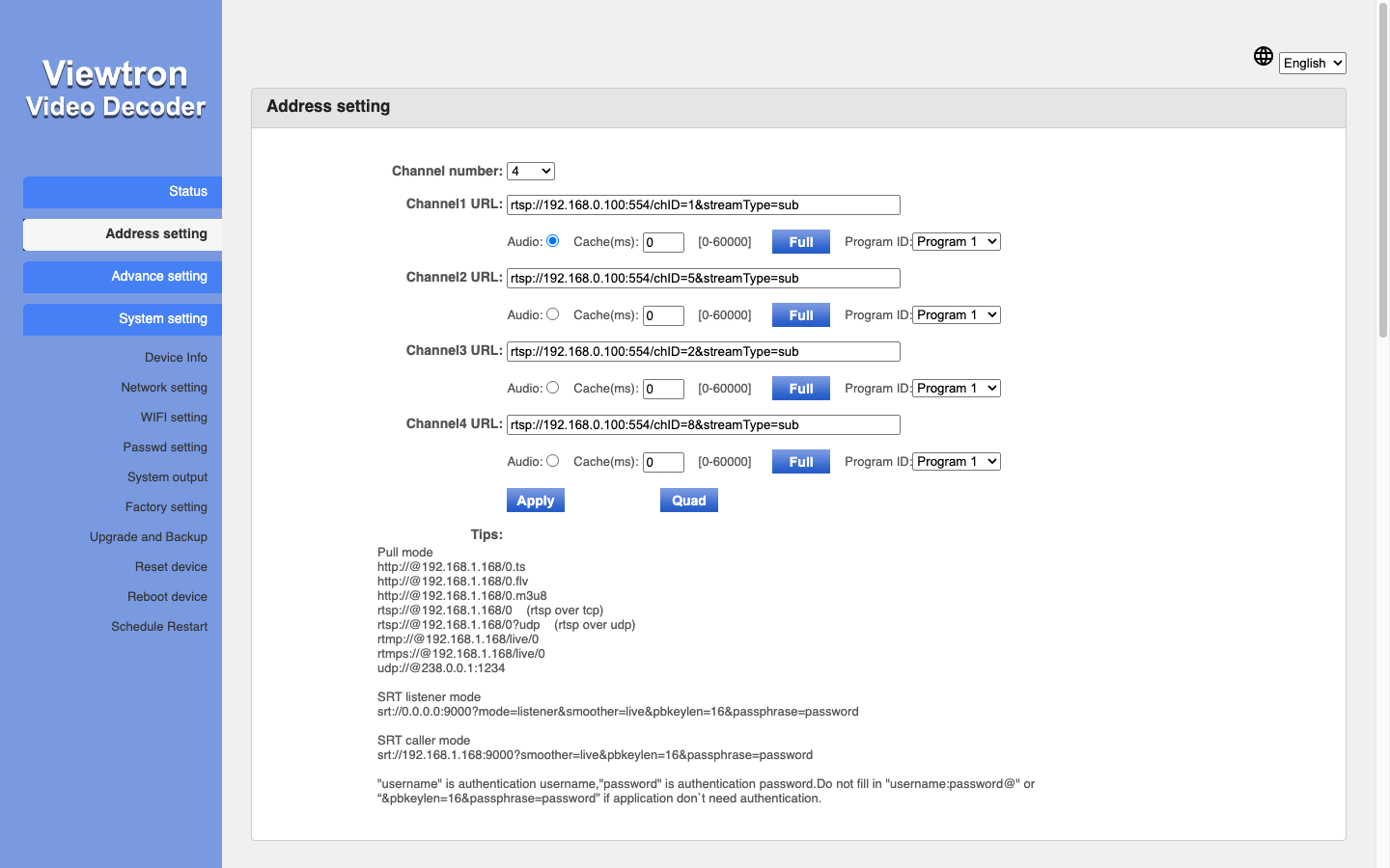Viewtron IP-HDMI-D4K Address setting page with the Channel URL field for the camera RTSP stream and the Apply button
