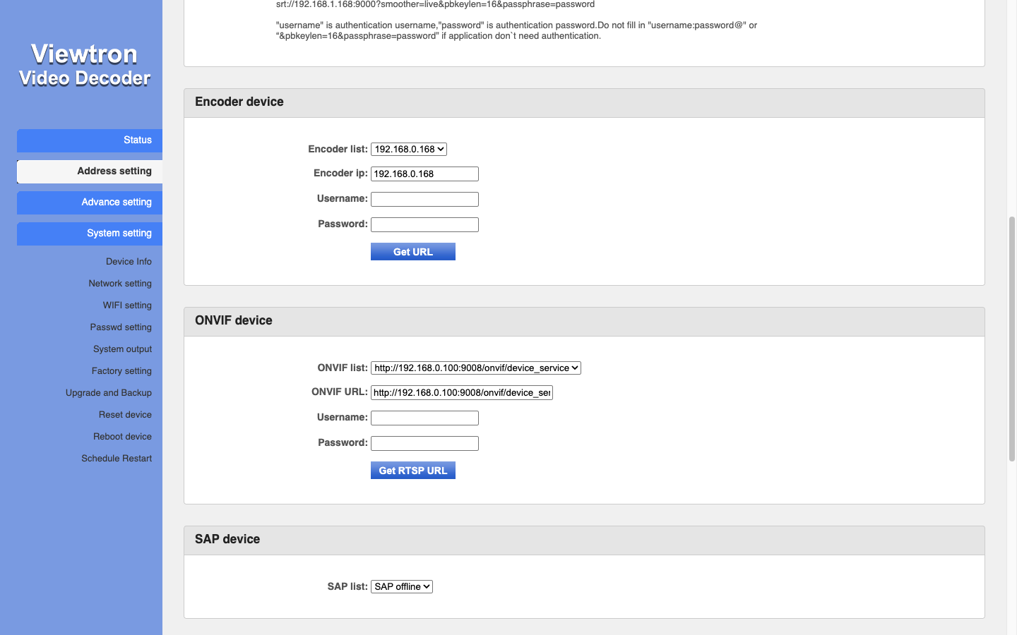 Viewtron IP-HDMI-D4K ONVIF device list with a camera selected, username and password fields, and the Get RTSP URL button