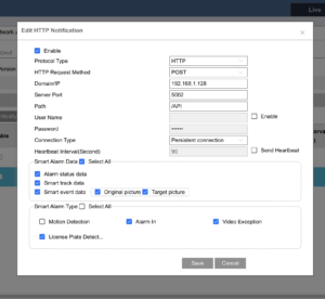 Viewtron LPR-IP4 Edit HTTP Notification screen set to HTTP POST with License Plate Detection