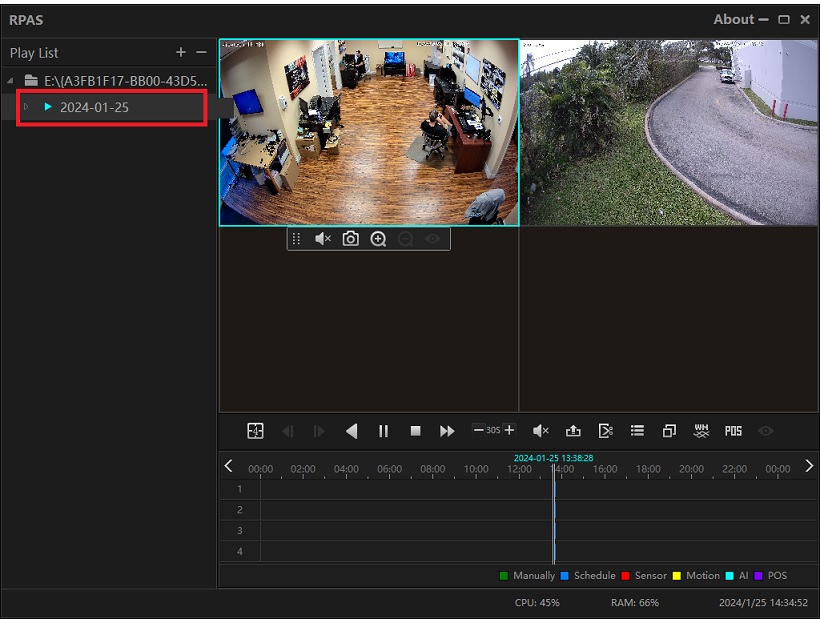 RPAS video player playing a Viewtron DVR NVR Private db3 video backup on a Windows PC