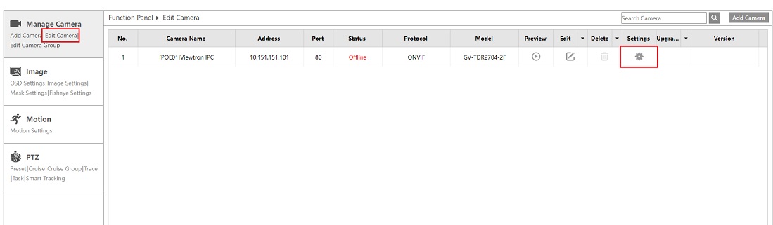 Viewtron NVR Edit Camera page with Edit Camera menu and Settings gear highlighted