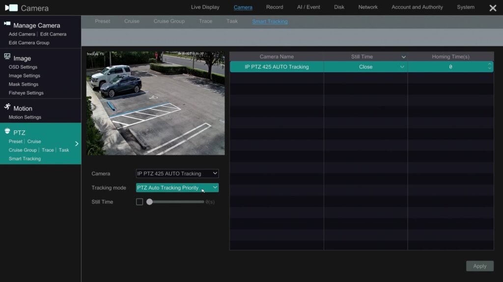 PTZ Smart Tracking screen on the Viewtron NVR with Tracking mode set to PTZ Auto Tracking Priority