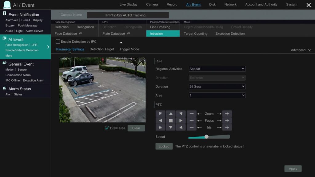 AI Event Intrusion screen with Enable Detection by IPC checked