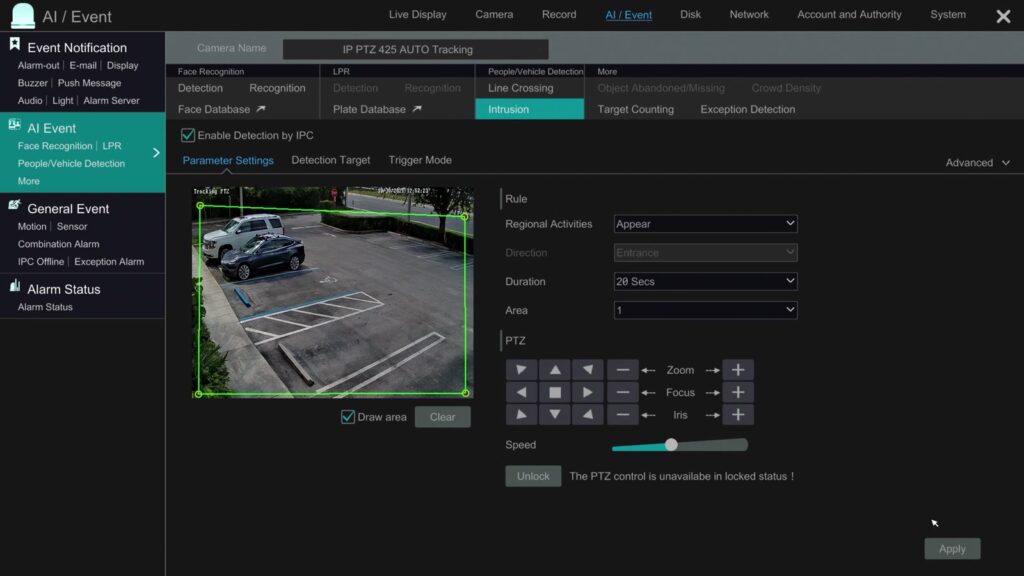 Intrusion zone drawn around the parking lot with PTZ control locked