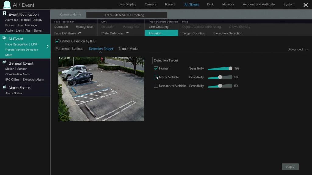 Detection Target tab with only Human checked