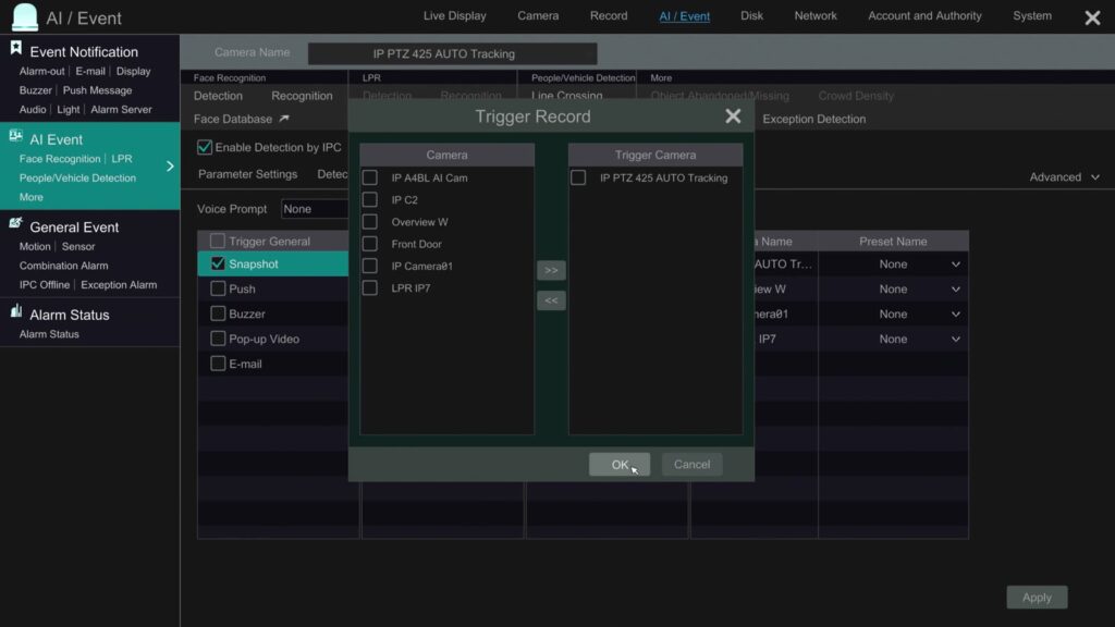 Trigger Mode tab with Snapshot checked and the PTZ camera selected for recording