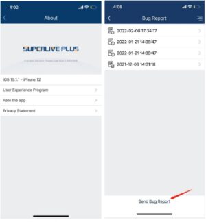 SUPERLIVE PLUS About page and Bug Report list with Send Bug Report highlighted