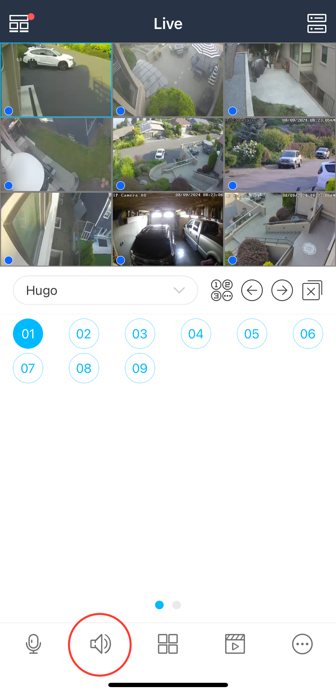 SuperLive Plus Live screen with speaker icon circled for camera audio