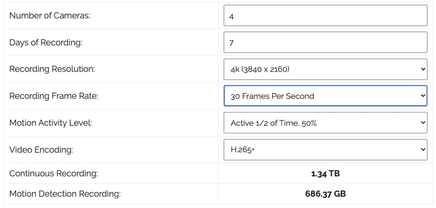 video storage calculator