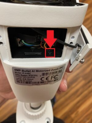 Viewtron bullet IP camera service panel open showing RST reset button