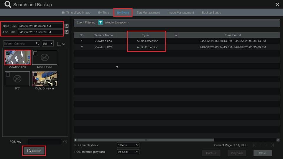 Viewtron Event Search filtered to Audio Exception results