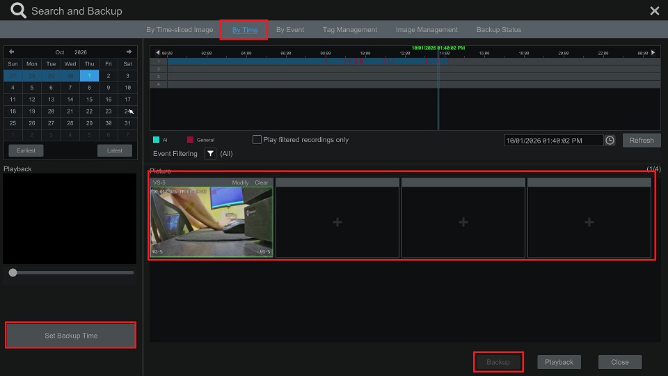 Viewtron Search and Backup By Time tab with Set Backup Time, camera slots, and Backup highlighted