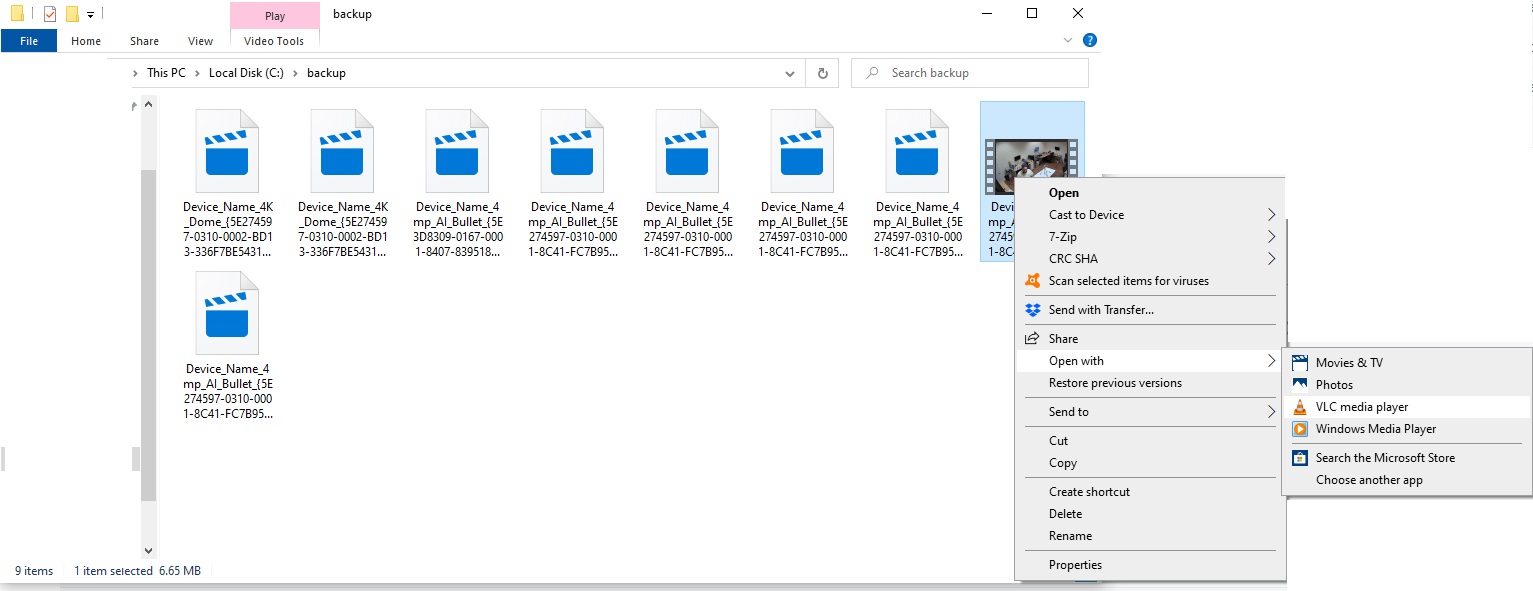 Windows Explorer Open with menu selecting VLC media player for an exported Viewtron backup video