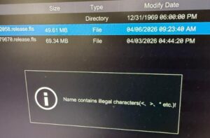Viewtron NVR / DVR firmware update dialog showing Name contains illegal characters error