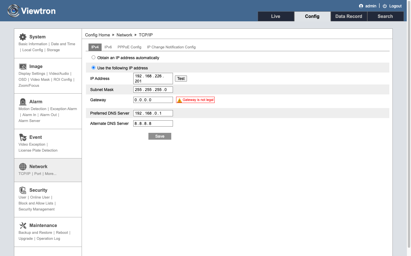 Viewtron IP camera TCP/IP page showing Gateway is not legal when the gateway is 0.0.0.0